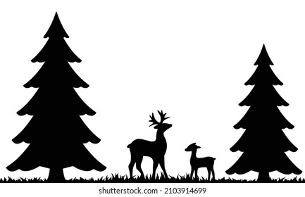 Silhouette of fox and hare in the grass.
