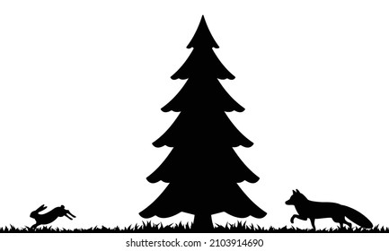 Silhouette of fox and hare. Vector illustration.