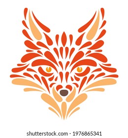 Silhouette of fox head from particles or leaves in hand drawn floral color style isolated on white background. Modern graphic design element for label or poster. Vector art illustration.