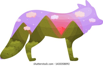 Silhouette of a fox with a landscape inside. Vector illustration on white background.