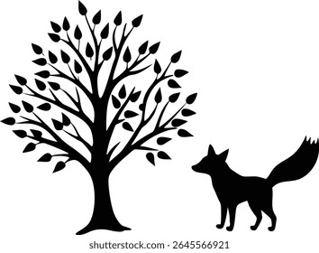 Silhouette Of A Fox Near Autumn Tree - High Quality Vector Graphic