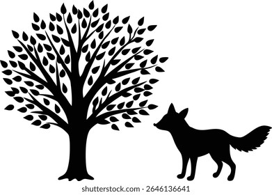 Silhouette Of A Fox Near Autumn Tree - Premium Design Element