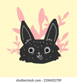 The silhouette of a fox 's head against a background of flowers and bushes . Fennec. Black silhouette, vector illustration.