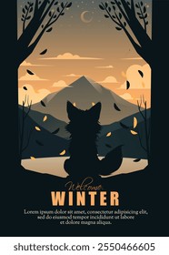 Silhouette of a fox standing between two trees, gazing at a stunning winter sunset over majestic mountains. A serene wildlife and winter landscape illustration.