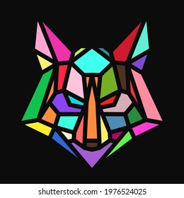 Silhouette of fox or wolf head from lines in colorful geometric polygonal style isolated on black background. Modern pop art graphic design element for label, print or poster. Vector art illustration.