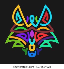 Silhouette of fox or wolf head from lines in colorful geometric style isolated on black background. Modern pop art graphic design element for label or poster. Vector art illustration.