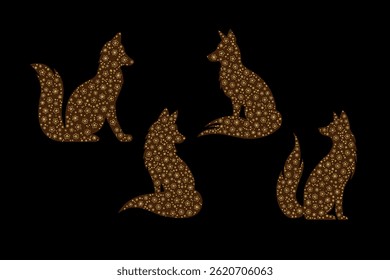 Silhouette of foxes with dark brown color, filled with golden floral design against a black background, used for wallpaper, background, and other decorative purposes.