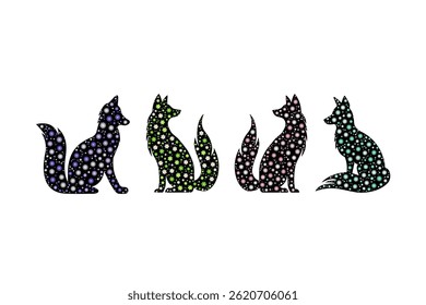 Silhouette of foxes  filled with colorful floral design against a white background, used for wallpaper, background, and other decorative purposes.