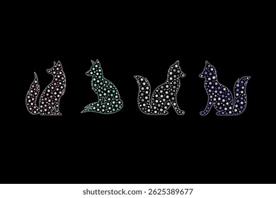 Silhouette of foxes  filled with colorful floral design against a black background, used for wallpaper, background, and other decorative purposes.