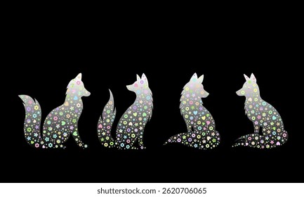 Silhouette of foxes with white and black gradation color, filled with colorful floral design against a black background, used for wallpaper, background, and other decorative purposes.