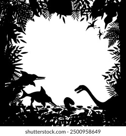 Silhouette frame (background) of ancient plants and dinosaurs that lived in the Jurassic seas. White background.