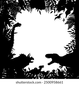 Silhouette frame (background) of ancient plants and Cretaceous land dinosaurs. White background.