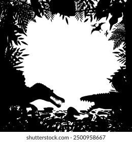 Silhouette frame (background) of ancient plants and dinosaurs that lived in the Cretaceous seas. White background.