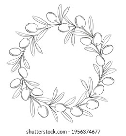 Silhouette frame with olive branches. Line art style with transparent background.