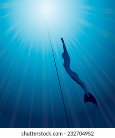 Silhouette of free diver in monofin and rope on a blue sea background. Underwater vector.