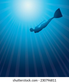 Silhouette of free diver on a blue sea background. Underwater vector.