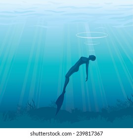 Silhouette of free diver on a blue sea background. Underwater vector illustration. 