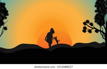 Silhouette of free girl enjoying freedom with her cat feeling happy at sunset, cat