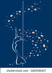 Silhouette of freediver and school of fishes on a blue sea background. Vector illustration.