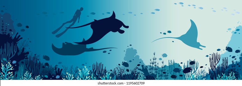 Silhouette of freediver and three mantas swimming near the coral reef and fishes. Underwater marine wildlife. Vector sea illustration.