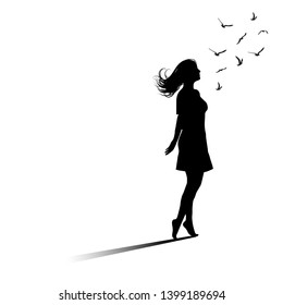 Silhouette of freedom girl with  birds. Vector fashion illustration