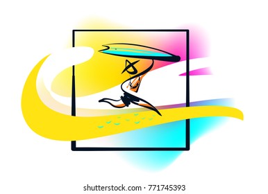 Silhouette freehand drawn man with surfboard.  Minimalist modern sign. 