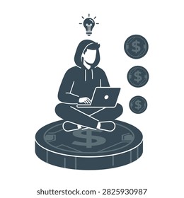 A silhouette of a freelancer sitting on a large dollar coin, working on a laptop with an idea light bulb above head, representing digital income and innovation.
