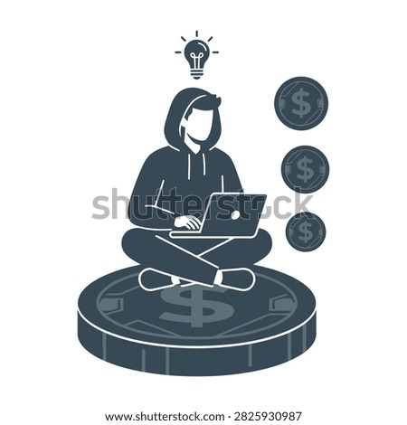 A silhouette of a freelancer sitting on a large dollar coin, working on a laptop with an idea light bulb above head, representing digital income and innovation.