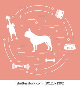 Silhouette of french bulldog, bowl, bone, brush, comb, toys. Design element for postcard, banner, poster or print.