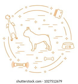 Silhouette of french bulldog, bowl, bone, brush, comb, toys. Design element for postcard, banner, poster or print.