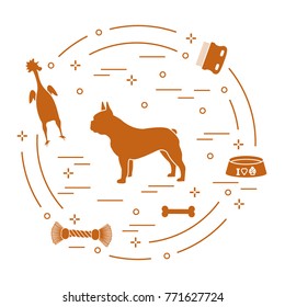 Silhouette of french bulldog, bowl, bone, brush, comb, toys. Design element for postcard, banner, poster or print.