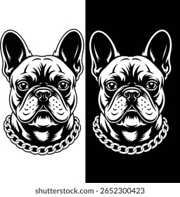 Silhueta francês Bulldog cabeça Vetor ilustração com colar de corrente