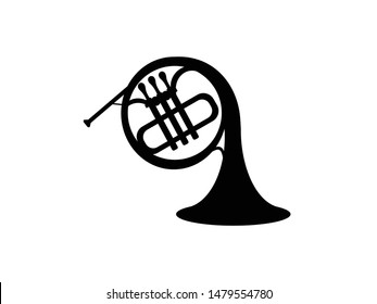 Silhouette French horn isolate black on white background.