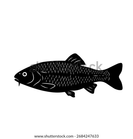 Silhouette of a freshwater fish in black vector style. Simple aquatic animal illustration symbolizing fishing, seafood, nature, underwater wildlife, and marine design elements
