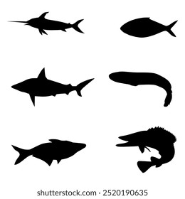 Silhouette freshwater fishes white background