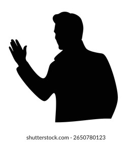 Silhouette of a friendly man waving hello, wearing a jacket, greeting someone
