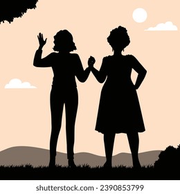 Silhouette friends holding hand together. friends silhouette. Vector silhouette of friends on background. black silhouette friends isolated on background. vector illustration.