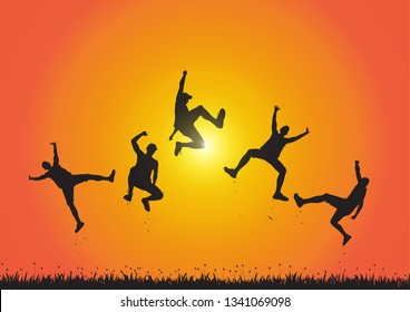 Silhouette of friends jumping over meadow on golden sunrise background, happy life, winning and achievement concept vector illustration