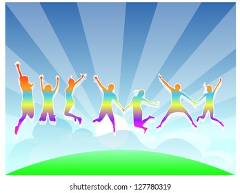 silhouette of friends jumping - vector
