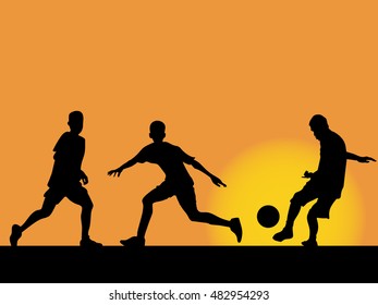 silhouette friends, Three young men were playing football at sunset.