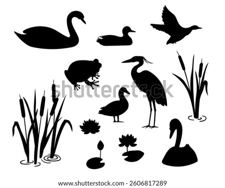 Silhouette, frog, crane, swan, reed and water lily. Vector illustration wetland animals isolated on white background.