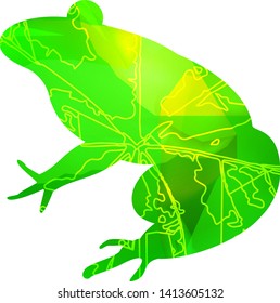 Silhouette of frog with leaf veins and stone cubes. Can be used as badge of french restaurant.