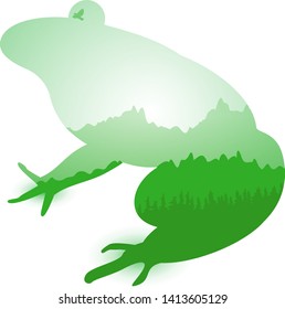 Silhouette of frog with mountains landscape. Silhouette of coniferous trees. Evening. Green and grey shades. Can be used as badge of french restaurant.