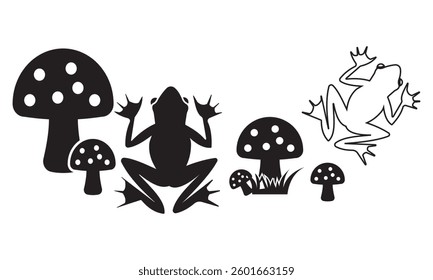 Silhouette of  frog, mushroom vector, symbol design. Mushroom icon, vector set with frog. Mushroom vegetable, food, logo design with grass. Vector illustration.