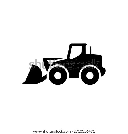 Silhouette of a front loader construction vehicle
A black silhouette of a front loader construction vehicle with a bucket and large wheels is shown against a white background.