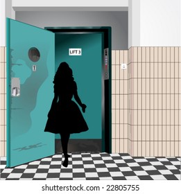 Silhouette in front of old lift