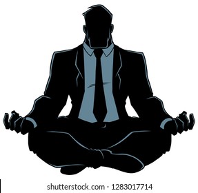 Silhouette front view of a business man meditating in lotus position for calmness and stress relief against white background for copy space.