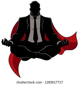 Silhouette front view of businessman meditating for calmness and stress relief, against white background for copy space.