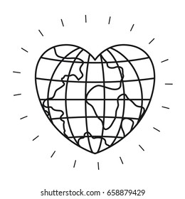 silhouette front view globe earth world in heart shape vector illustration