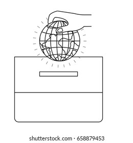 silhouette front view hand with flat globe earth world depositing in a carton box vector illustration